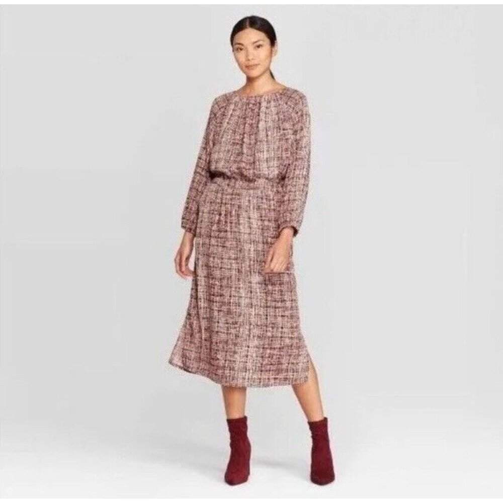 Prologue Dress Womens Size Small Burgundy Printed 3/4 Sleeve Midi Cinched Waist